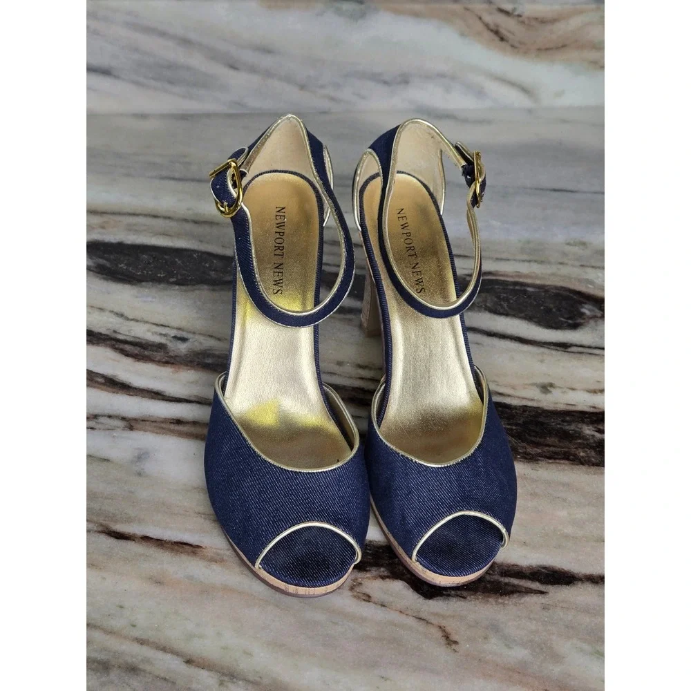Newport News Denim Cork Platform Peep Toe Heels Dark Wash Gold‎ 10